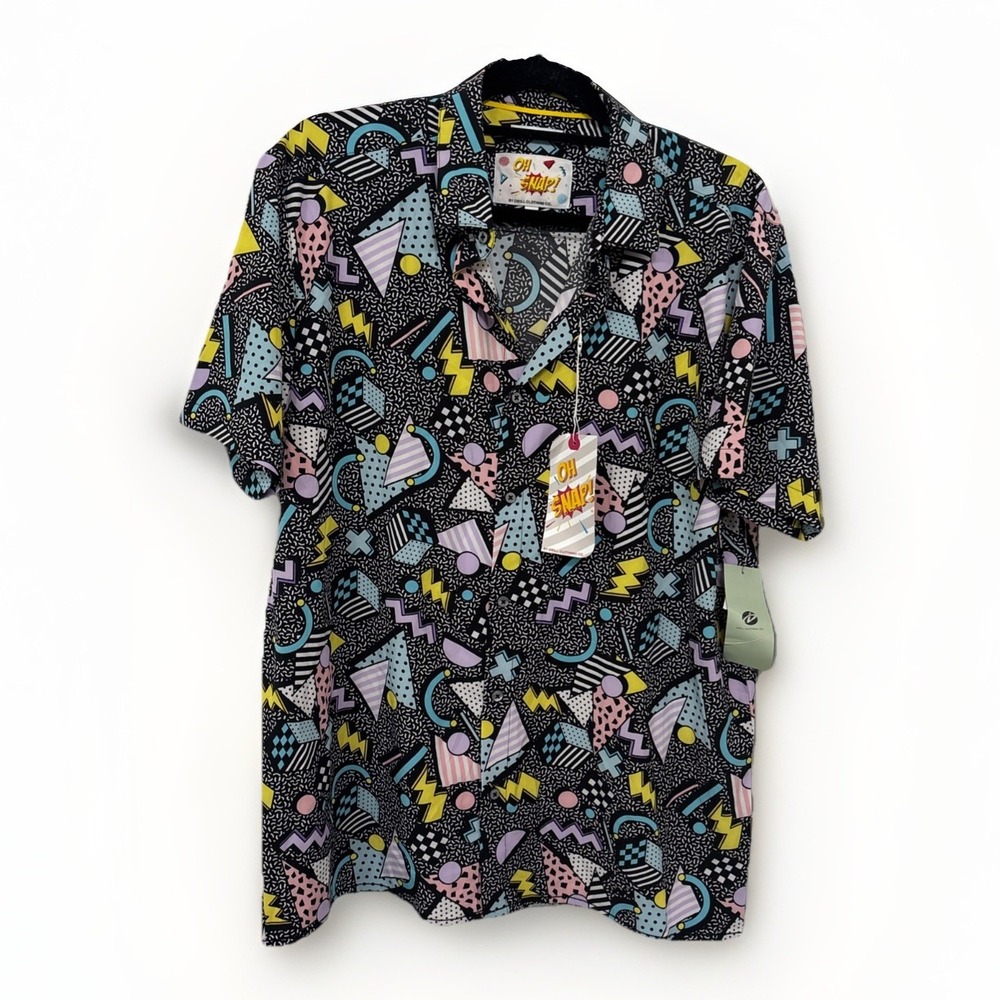 Drill Clothing Oh Snap Men Geometric Shirt Retro 90s Stretch Black Multi L NWT